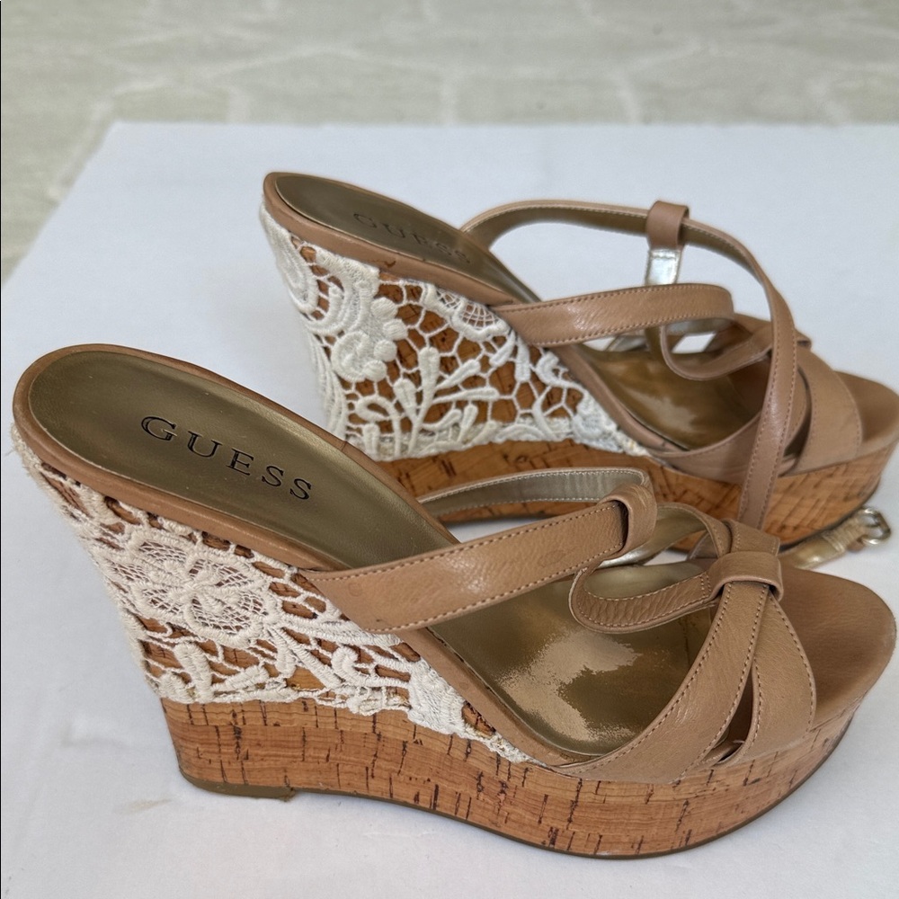 Guess Tan and Cream Lace Wedges
